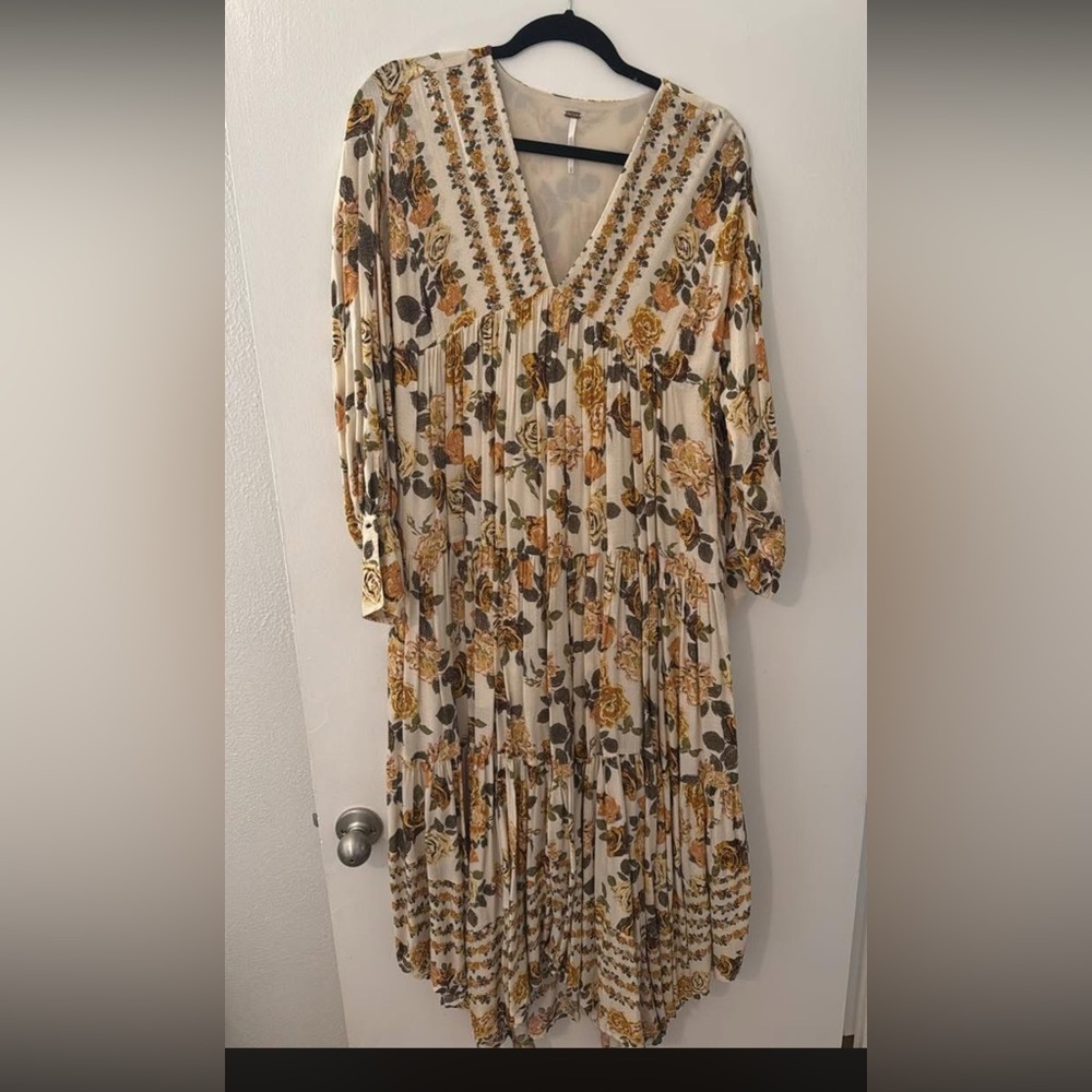 Free people Floral Tiered V-Neck Midi Dress in Cream and Mustard